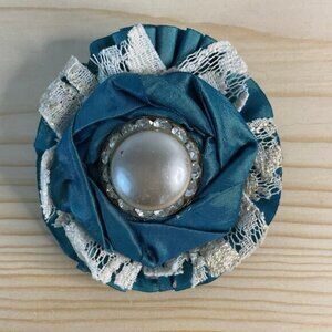 Vintage Teal & Lace Fabric Brooch With Pearl & Rhinestone Accents